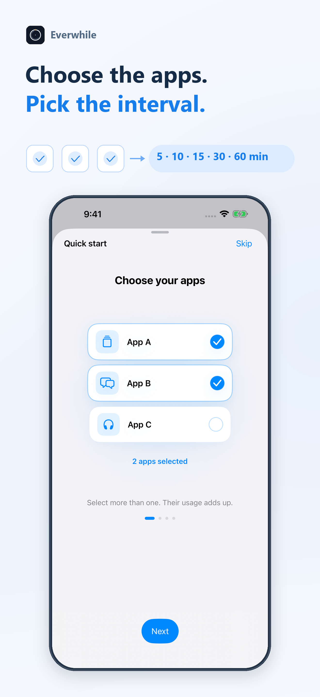 Everwhile: Choose apps and reminder intervals